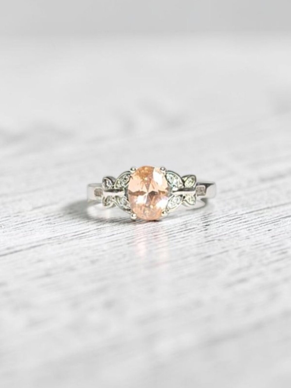 Vintage Inspired Peach Champagne Oval Cut CZ Ring with Butterflies - Size 6.75